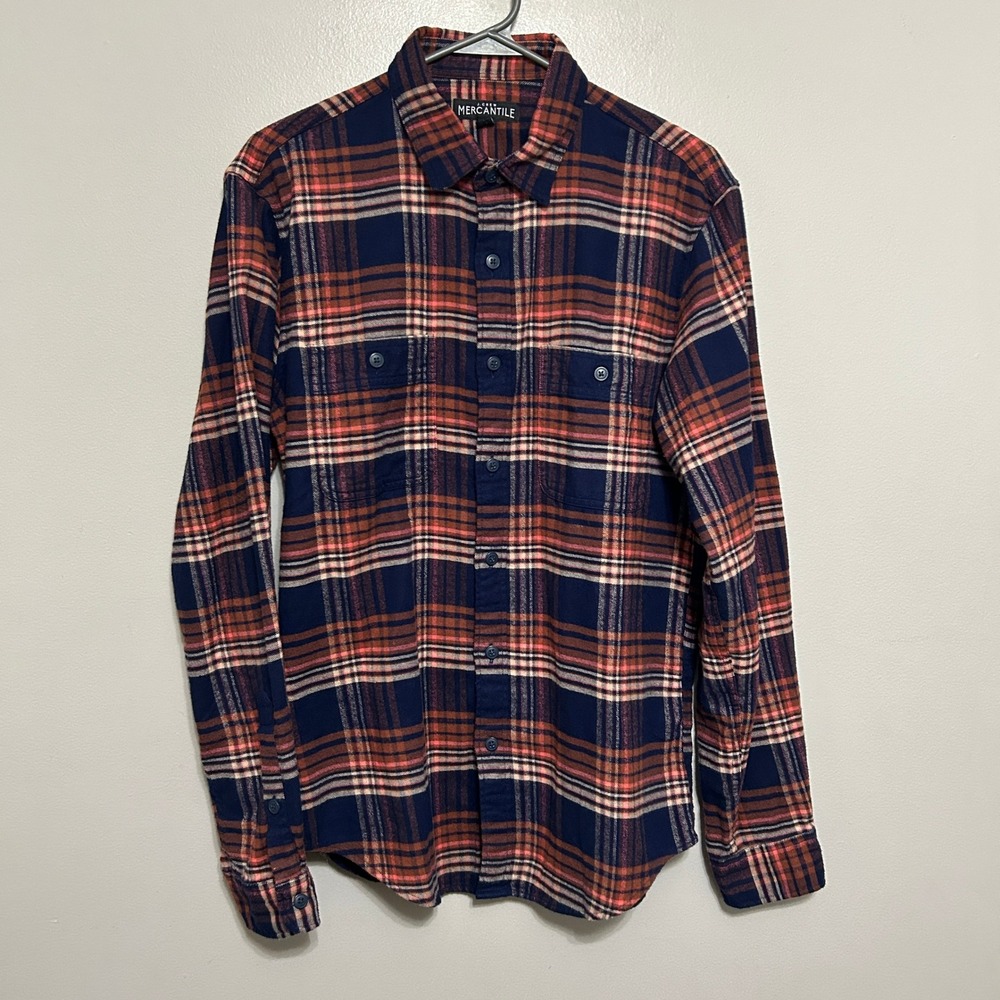 J.Crew Mercantile Flannel Shirt Mens M Navy Orange Blue Plaid Gorpcore Layering